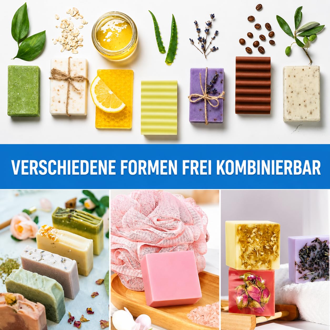 4er Seifen Silikonform, 1200ML DIY Rechteckiges Form Set aus Silikon-Seifenformen aus Holz, Handgemachte Seifenlaibform mit Holzkisten und Deckeln für Seifenherstellungszubehör Cakes (Blau)