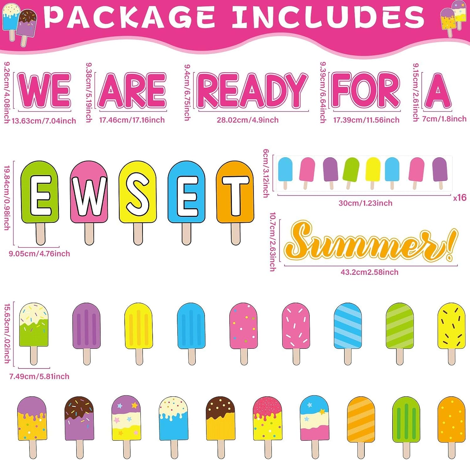Naozinebi Ice Cream Bulletin Board Sweet Summer Classroom Decorations Ice Lolly Decors Colorful Cutouts for Students School kindergarten Office Back to School Wall Party Supplies