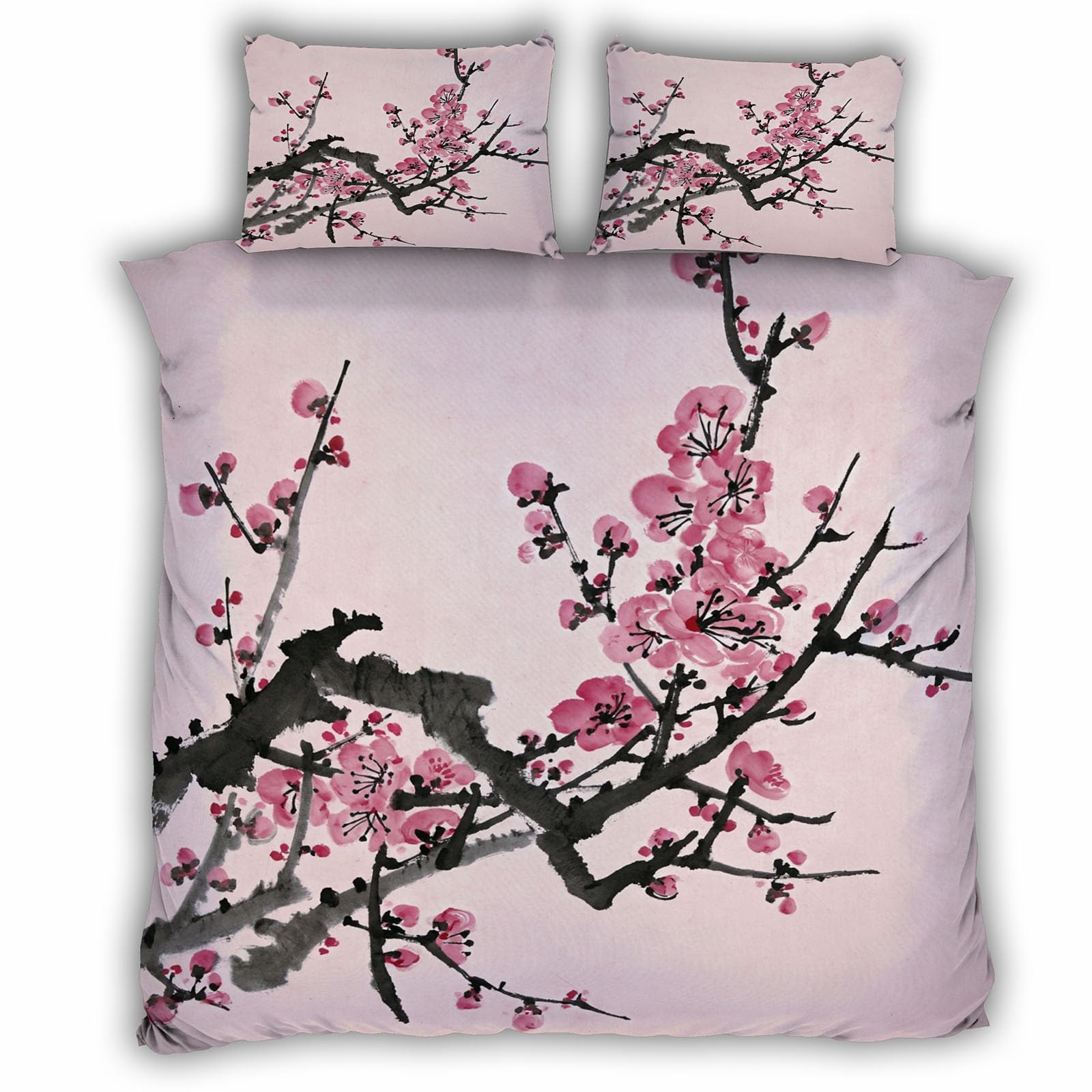 Parure de lit 220x240 fleurs de cerisier japonaise en microfibre avec 2 taies d'oreiller