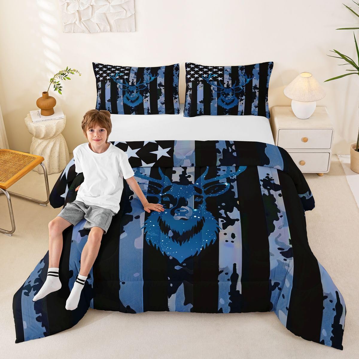 Camo Deer Comforter Set Full Size, Army Blue Camouflage Usa Flag Bedding Set For Kids Boys Teens Adult, Western Rustic Farmhouse Quilt Stars Stripes Duvet Sets Antlers Wild Animal Decor, Black