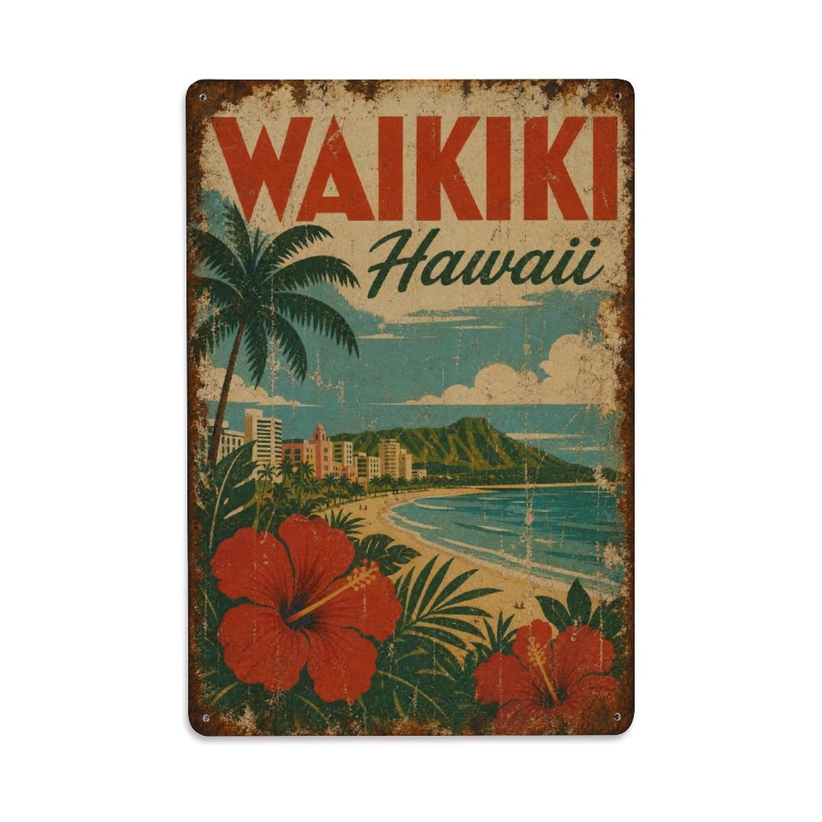 Waikiki Hawaii Palm Beach Coast Island Travel Retro Metal Tin Sign