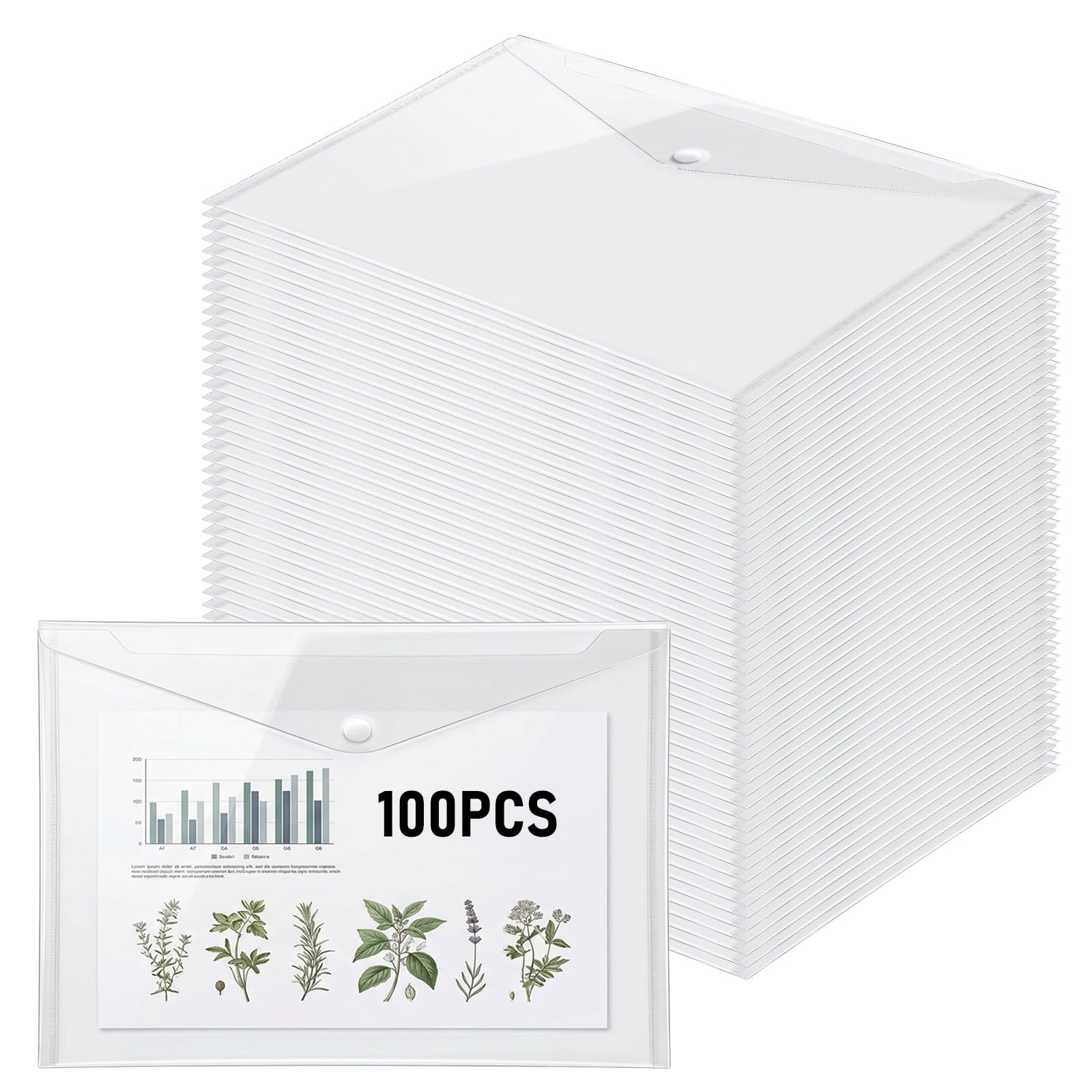 100 buste in plastica trasparente con chiusura a scatto, per documenti, formato A4, formato lettera, organizer per foto, buste di carta trasparente, per tenere al sicuro documenti importanti
