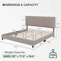 Vista 2 de Novilla King Size Bed Frame with Adjustable Headboard Platform King Bed Frame Linen Fabric Upholstered Headboard, No Box Spring Needed, Noise-Free