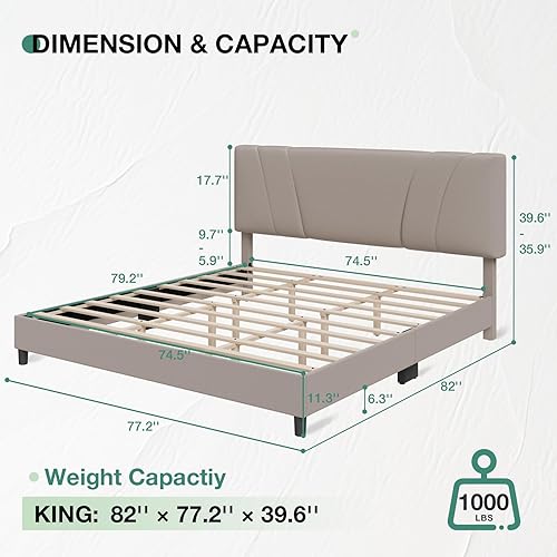 Miniatura 2 de Novilla King Size Bed Frame with Adjustable Headboard Platform King Bed Frame Linen Fabric Upholstered Headboard, No Box Spring Needed, Noise-Free,