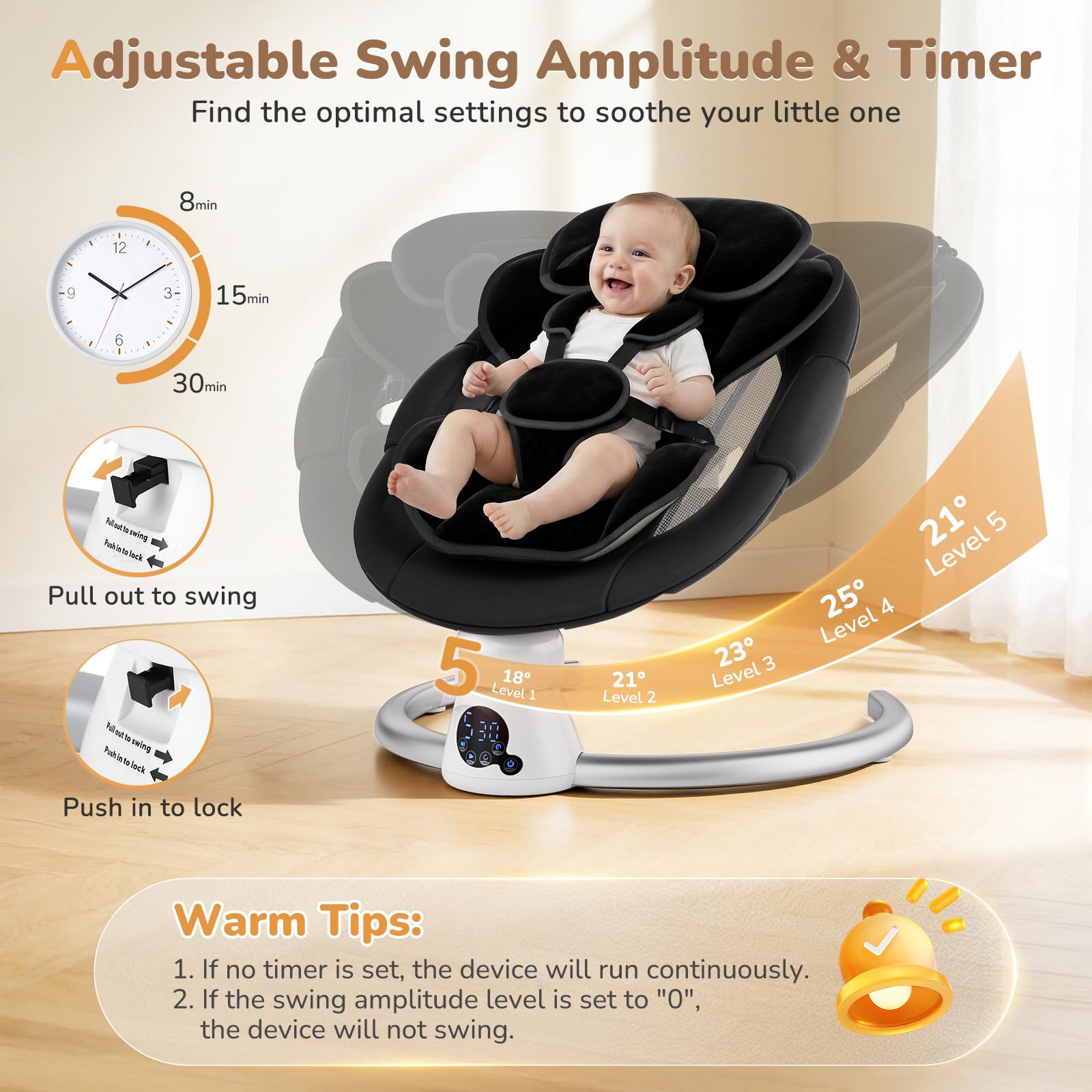 Hamaca Eléctrica para Bebé con Mando a Distancia y App,Mecedora con 5 Velocidades de Balanceo,3 Temporizadores,Arnés de 5 Puntos,2 Posiciones del Asiento,Silla Mecedora para 0-9 kg de Bebé-Negro