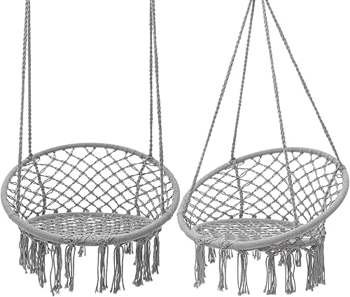 Garpans Juego de 2 sillas de macramé estilo bohemio con borlas colgantes, cuerda de algodón tejida hecha a mano para interiores y exteriores,
