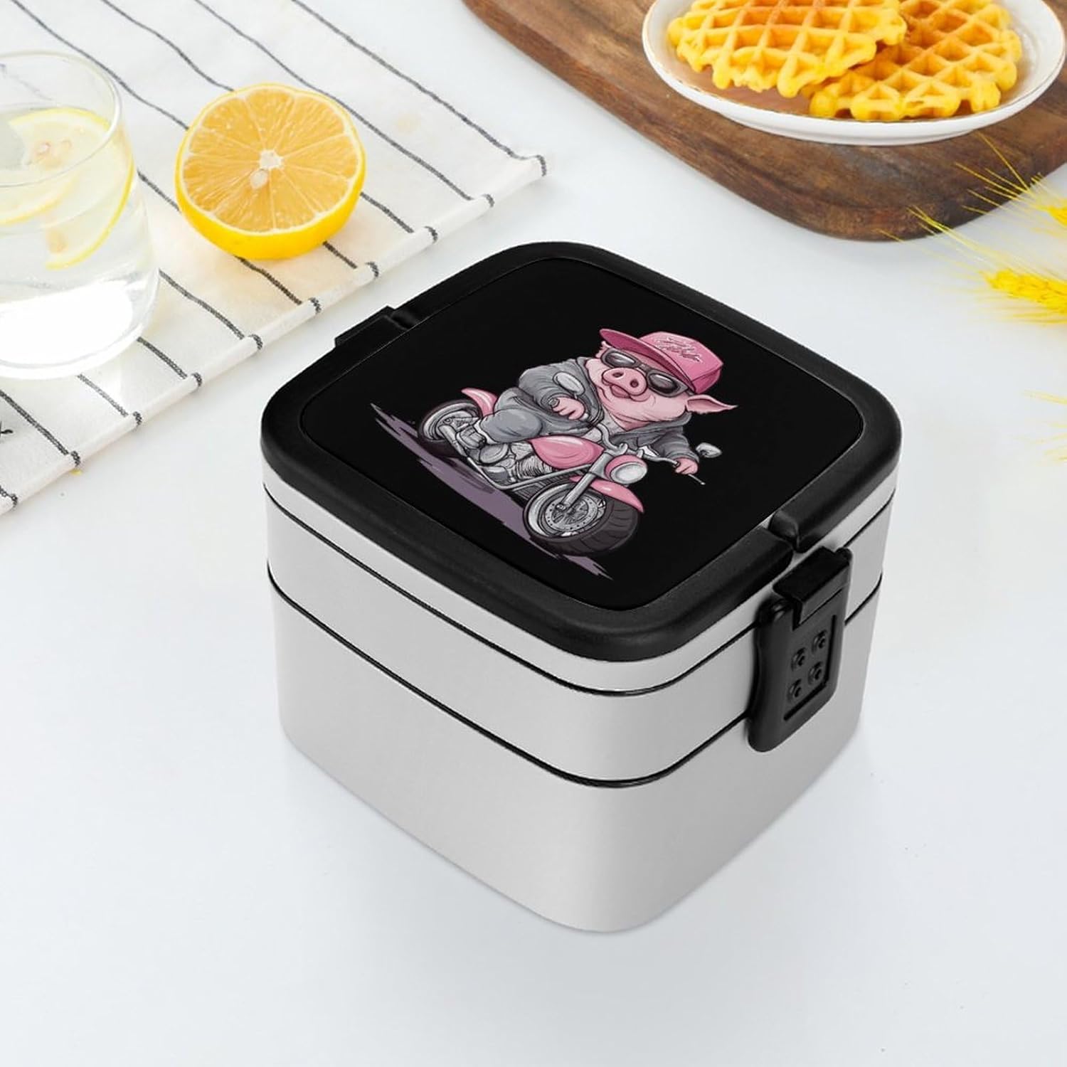 Funny Animal Pigs on Moped Bento Box with Spoon 2 Layer Food Container Cute Lunch Box for Travel Dining Work