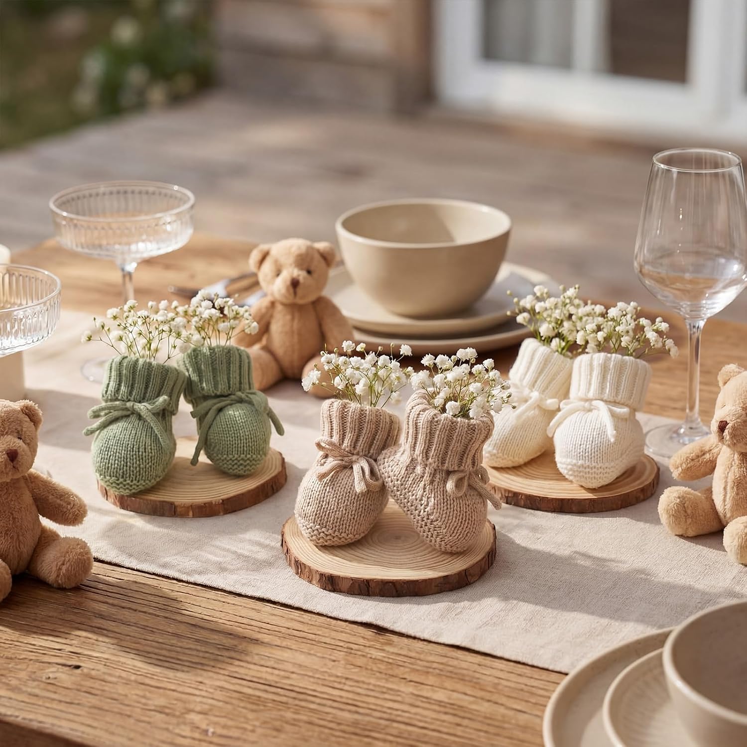 Jiuguva 6 Pcs Boho Neutral Baby Shower Table Decorations Include Crochet Knitted Booties Bulk Wood Slices 4.7-5.5 Inches for Rustic Gender Reveal Party Table Centerpieces (White,Green,Light Camel)