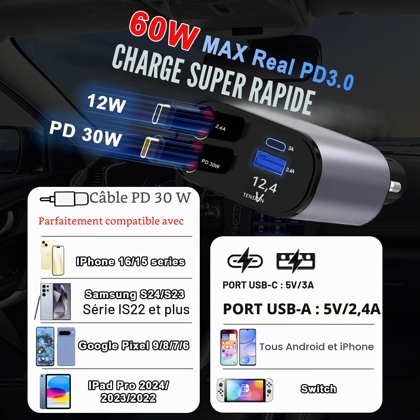 Thlevel Rétractables Chargeur de Voiture USB C 60W 2 Câbles Voltmètre LED | Compatible avec iPhone Huawei pour 12V/24V Caravane Camping-Car Bateau