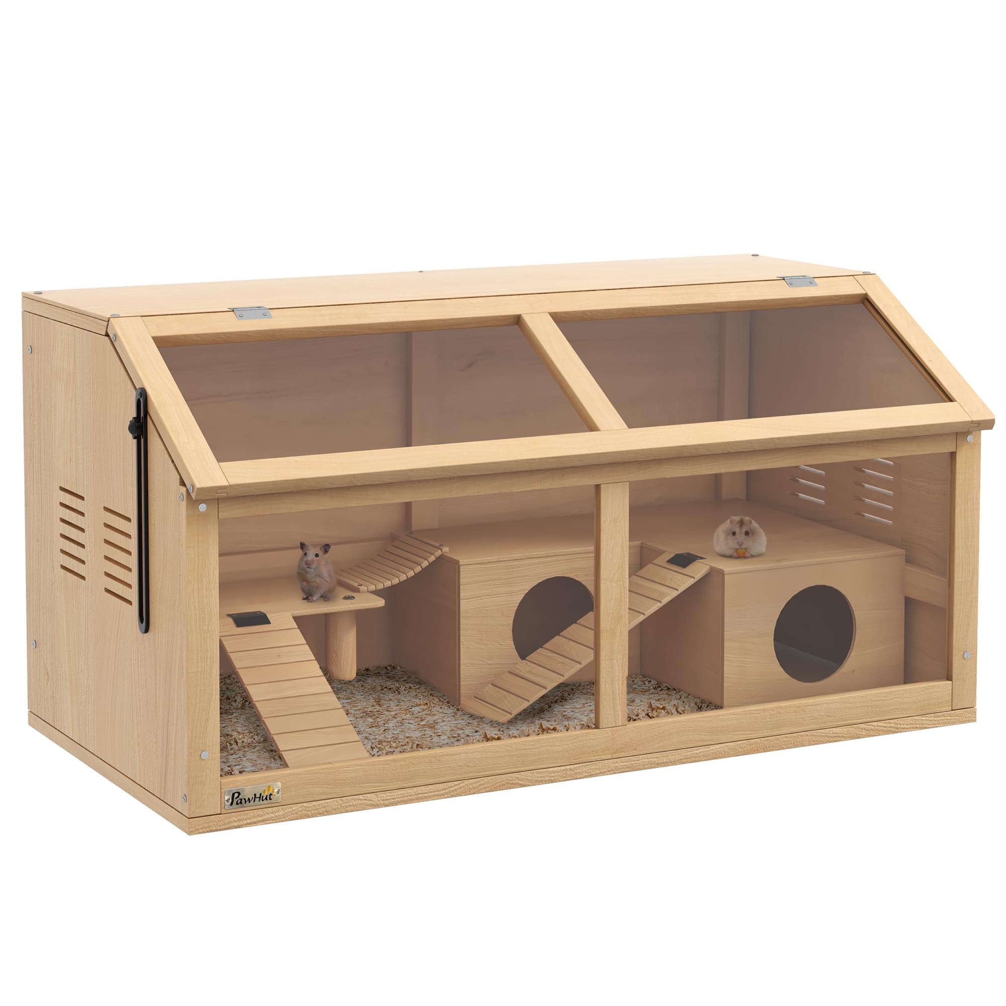 PawHut Jaula para hámsters abatible con plataforma, escaleras, cabaña y puente, jaula para roedores de madera de abeto, 85 x 45 x 44 cm, color madera