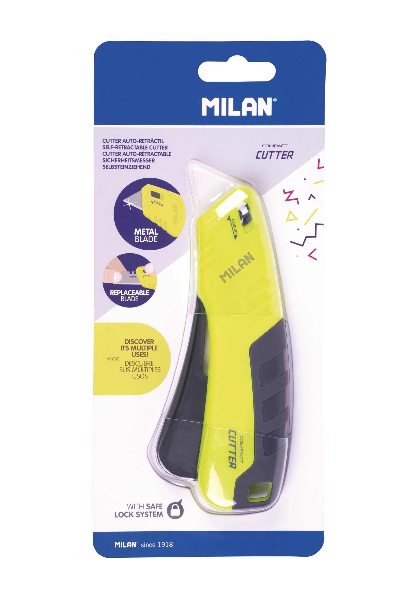 MILAN® Blíster cúter auto retráctil hoja metálica COMPACT serie Acid, amarillo