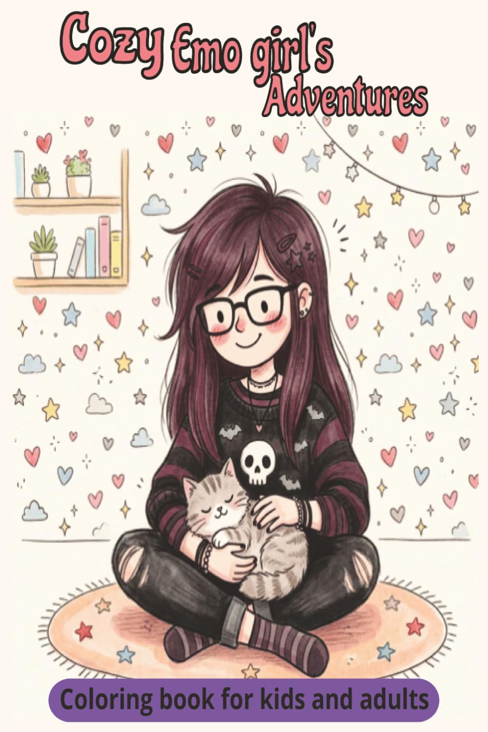 Cozy Emo Girl's Adventures: Relaxing Bold and Easy Coloring Book For Kids to Adults.