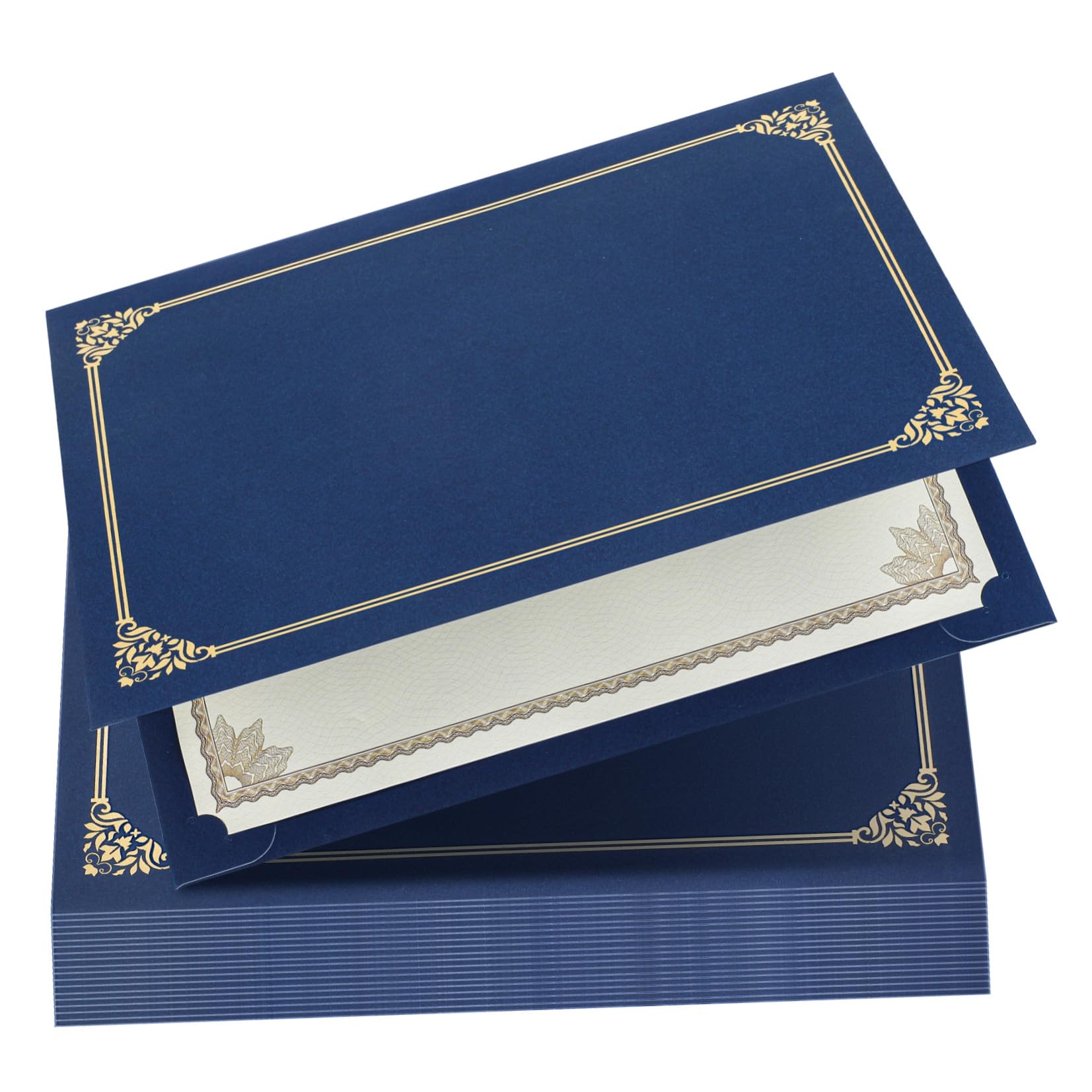 30 Pezzi Porta Certificati Bordo Oro 8, 5x11, in Carta | Professionale Presentazione, Protezione Angoli Pretagliati, Fissano Foglio Formato Standard, Attestati