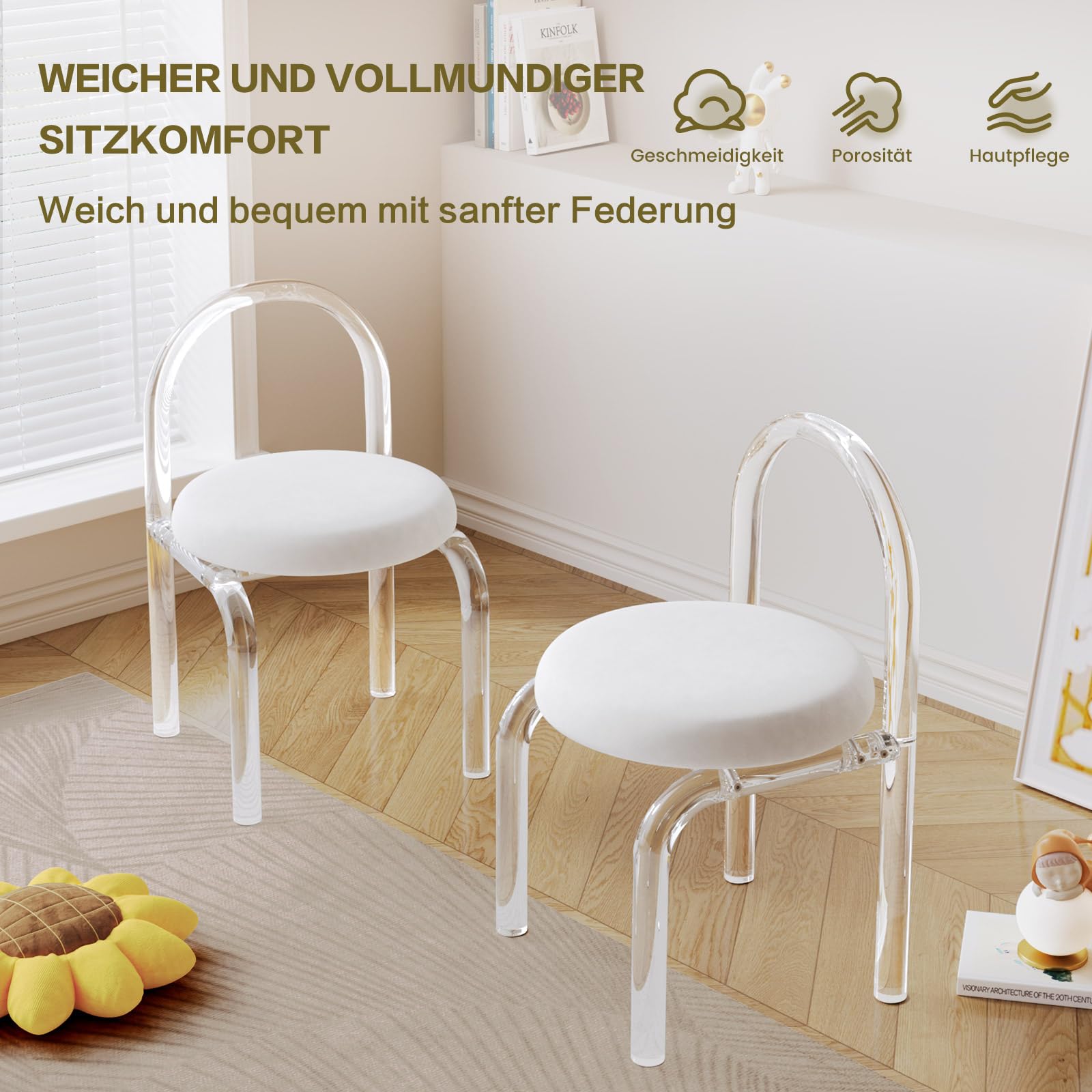 Miuuod Stilvoller Schminkstuhl aus Kristallacryl, niedlicher Schminktischstuhl, Acrylstuhl im Cartoon-Stil mit weich gepolsterter Sitzfläche für den Frisiertisch