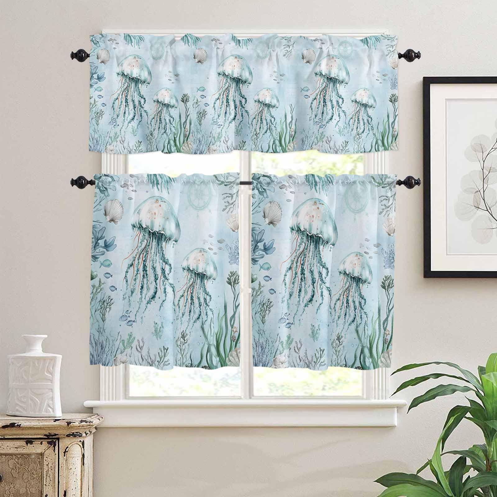 Aqua Jellyfish Kitchen Curtains 24 Inch Length, 3 Piece Rod Pocket Small Half Tiers and Valance Set, Coastal Nautical Ocean Shells Seaweed Small Large Window Treatment Decor for Bedroom/Bathroom Sink