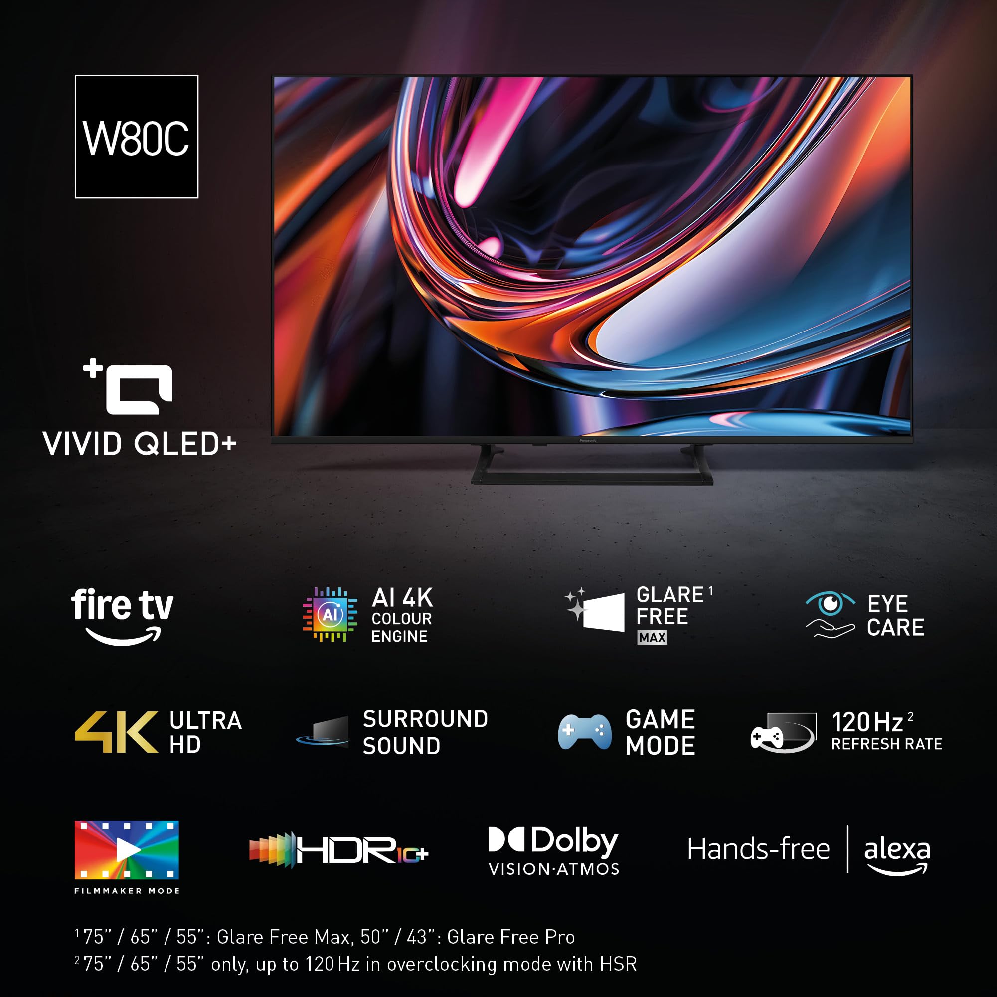 Panasonic TV-43W80C, 4K UHD VIVID QLED+ Televisore, Glare Free Pro Fire TV | AI 4K Colour Engine, Game Mode, Controllo vocale Alexa, Bluetooth, Surround Sound, 43'' (108 cm), W80C Serie Televisor, 2026