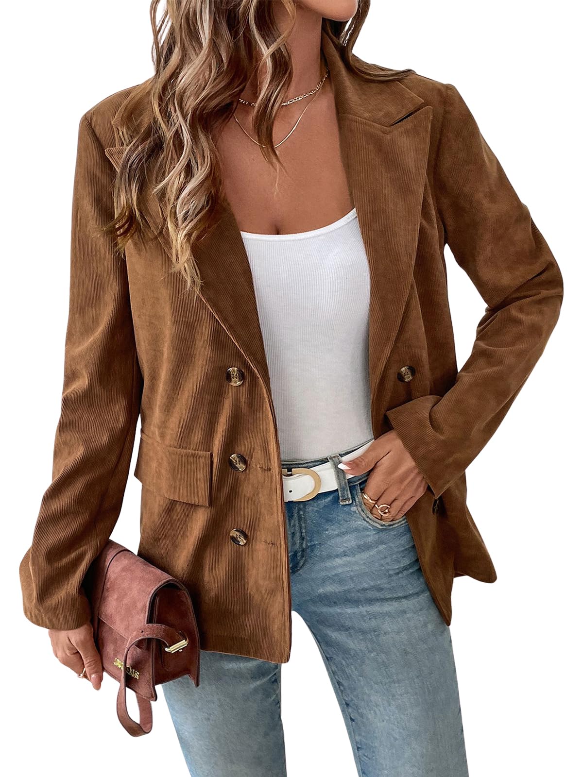 Womens Lapel Corduroy Blazer Jacket Button Front Long Sleeve Vintage Business Suit Jacket