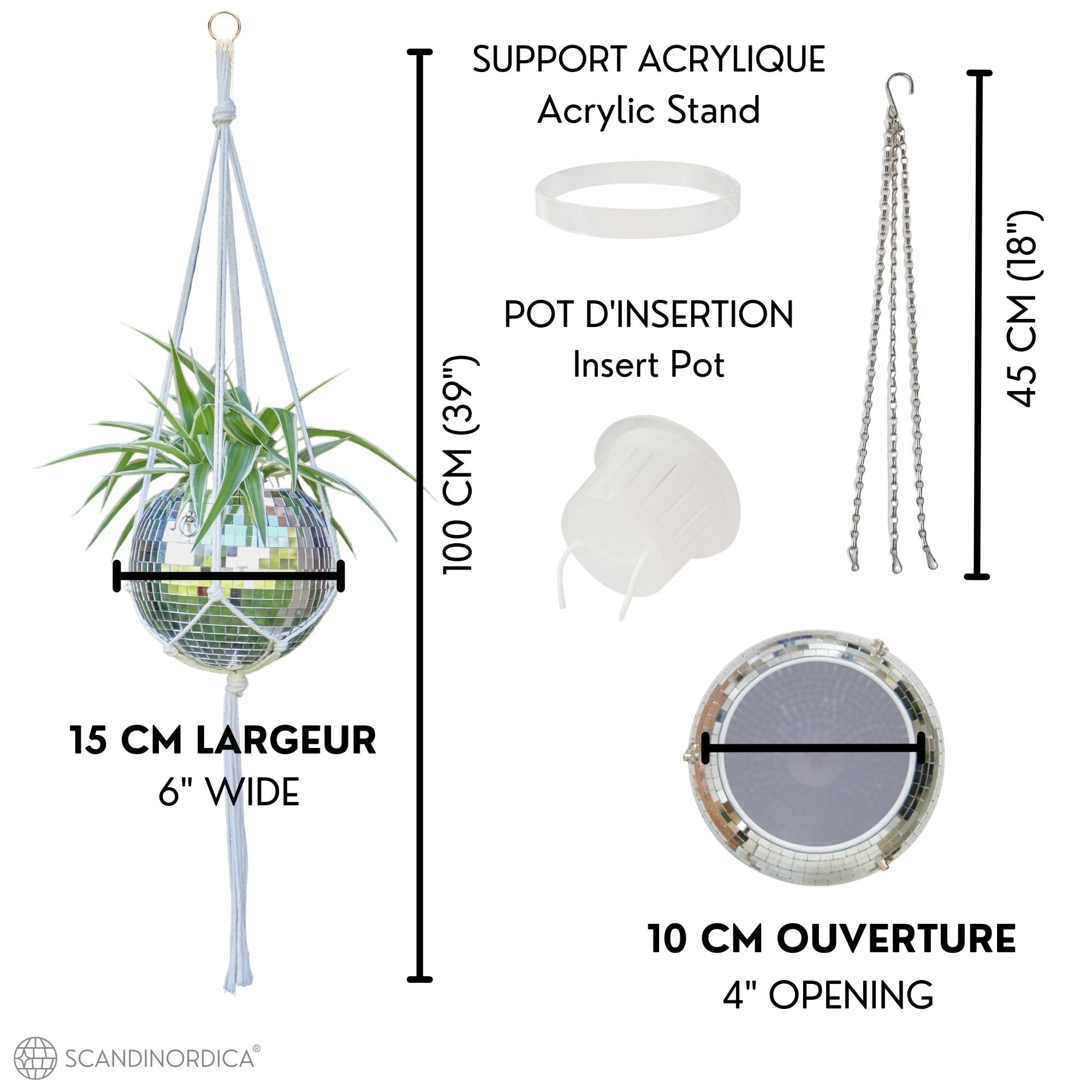 SCANDINORDICA Jardinière Boule Disco – Pot de Fleurs Boule à facettes avec chaîne et Corde en macramé, Boule a Facette, Cadeaux Femmes | Décoration d’intérieur – 15 cm Argent