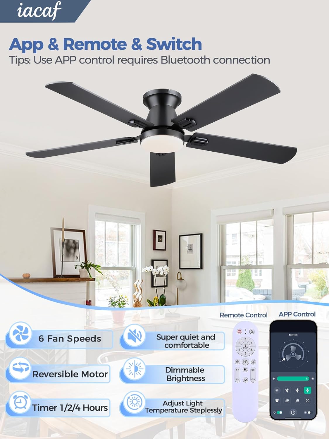 Ceiling Fans with Lights, 52'' Low Profile Ceiling Fan with Light and Remote/APP Control, Dimmable, Qiuet DC Motor, Flush Mount Ceiling Fan for Indoor Bedroom Living Room, Black