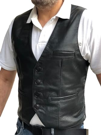 Mens Real Sheep Leather Casual Western Vintage Biker Motorcycle Cruise Riding Vest Conceal Pockets Black Slim Fit