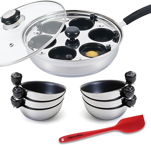 Eggssentials - Sartén de acero inoxidable para hacer huevos escalfados, de grado alimenticio, libre de ácido perfluorooctanoico (PFOA), con espátula