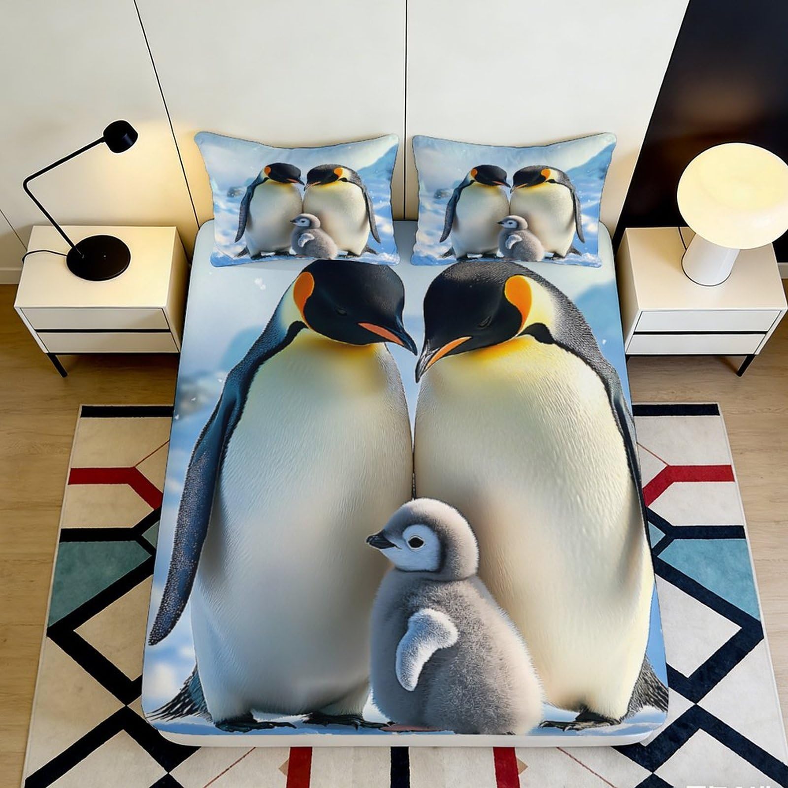 3D Printed Penguin Family Fitted Sheet Microfiber Soft Durable 3D Printed Baby Penguin Mattress Cover for Bedroom Dormitory Guest Room Protection 160x200x25cm
