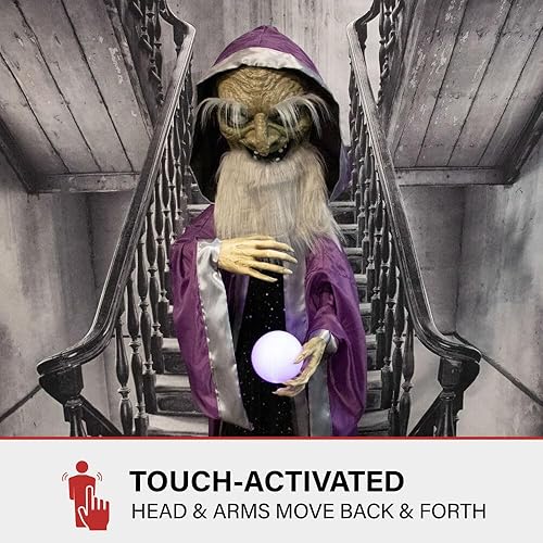 Miniatura 6 de Haunted Hill Farm Asistente animatrónico parlante con movimiento y bola de cristal iluminada para decoración de Halloween con pilas para interiores