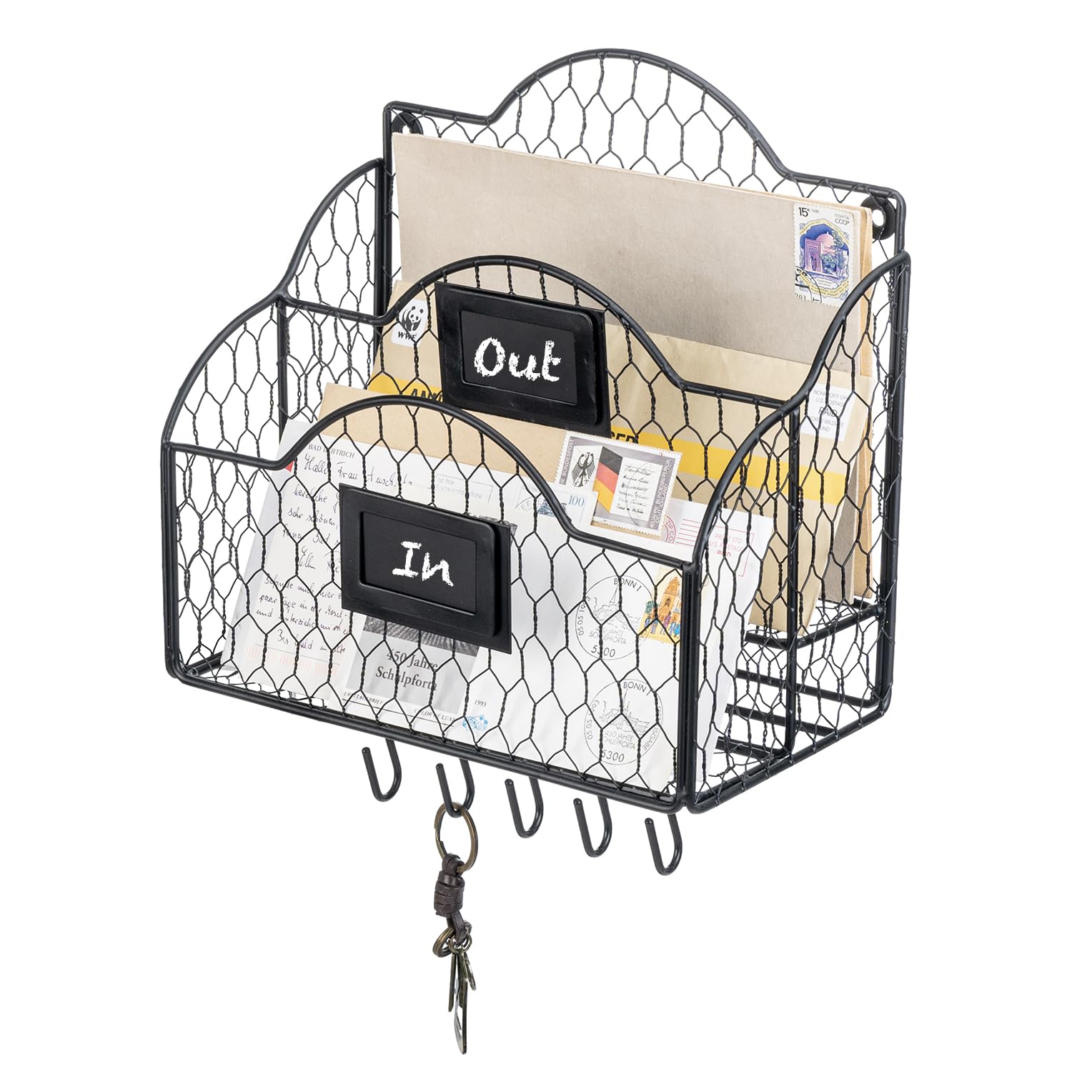 MyGift 2 Compartment Mail Inbox/Outbox Sorter, Wall Mounted Modern Black Metal Wire Entryway Organizer Basket for Mails, Bills and Office Supplies