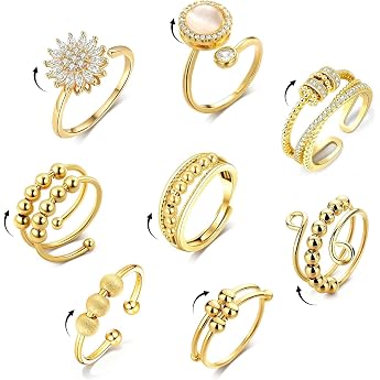 Pack of 8 Anti-Stress Ring Anxiety Ring Gold Adjustable Stress Ring for Men and Women