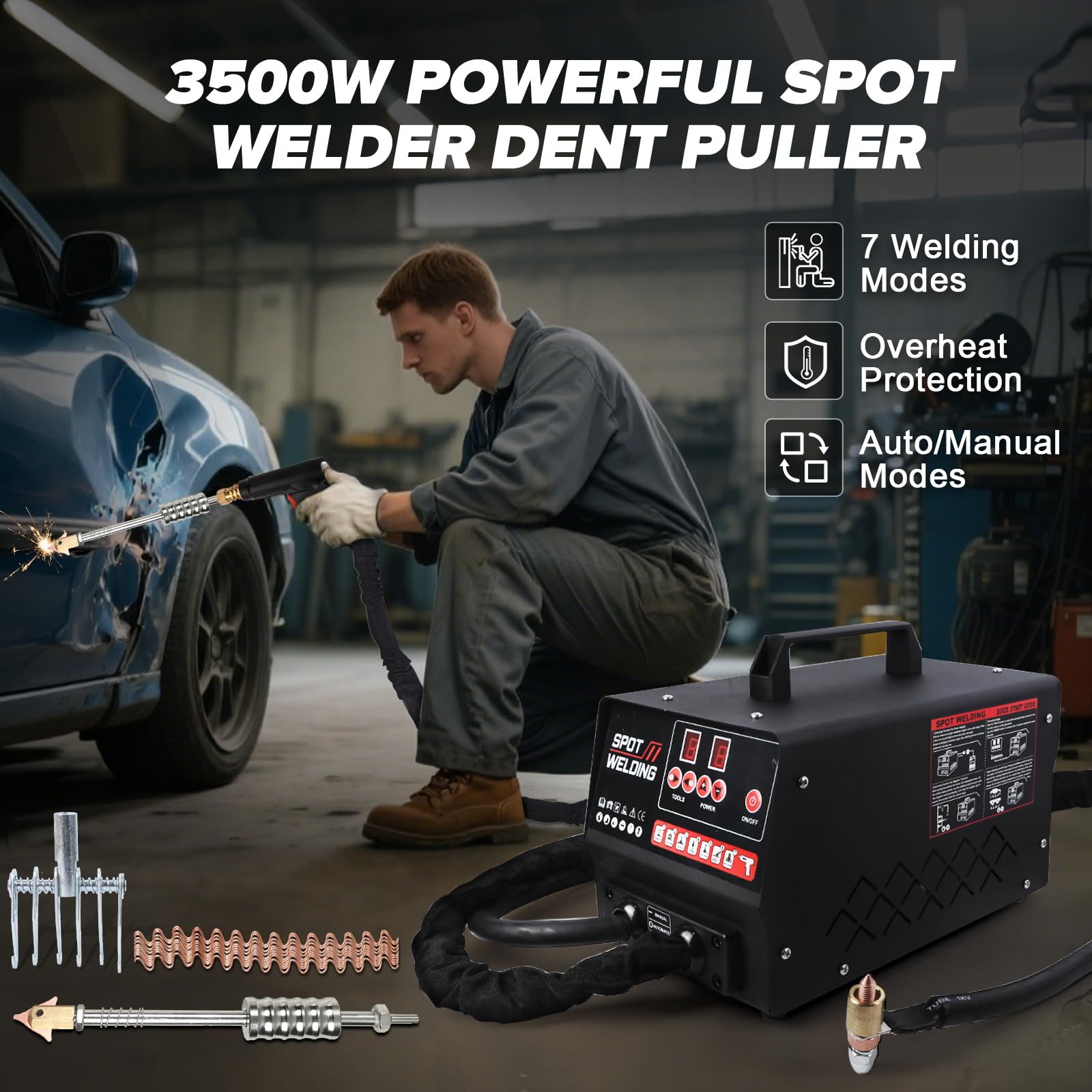 220V Karosserie Ausbeulspotter,3500W Dellenentfernungswerkzeug für Karosserie-Reparatur-Set mit 7 Schweißmodi und Automatik/Manueller Modus 90F