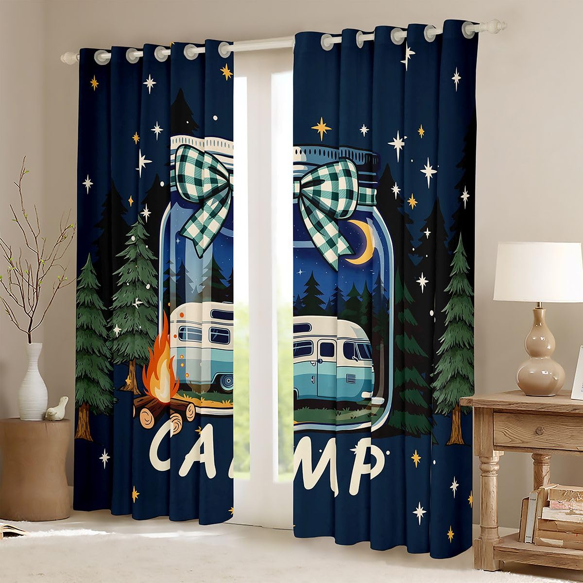 Homewish Camper Happy Camping - Tende oscuranti blu navy, 52 x 90 cm | Tende rustiche con occhielli per camera da letto, falò, tende da viaggio, rimorchi, 2 pannelli