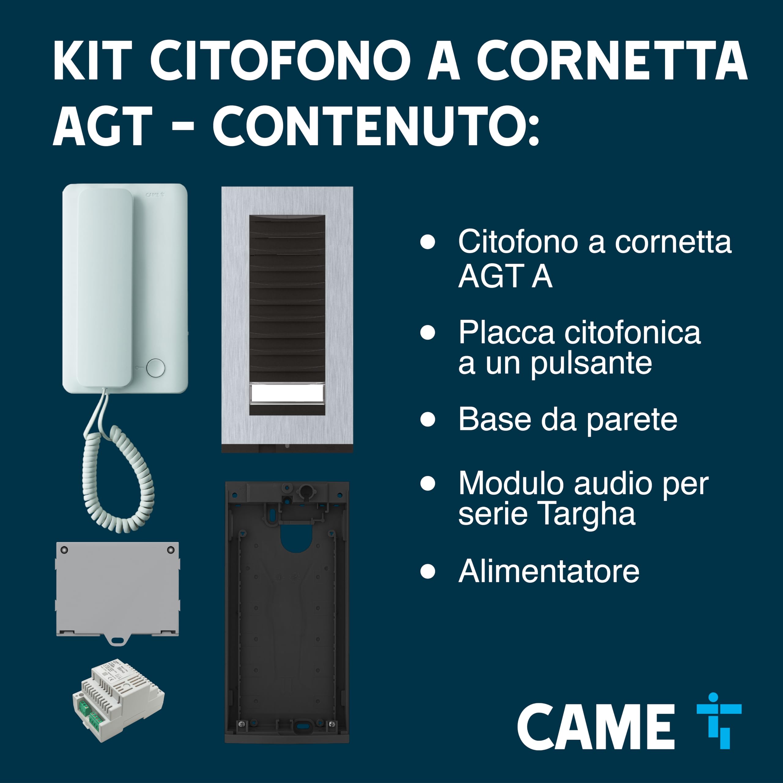 CAME Kit Citofonico AGT monofamiliare espandibile, completo di citofono interno a cornetta bianco AGT A200, unità esterna grigia HA/200, placca citofonica a un pulsante, base da parete, alimentatore