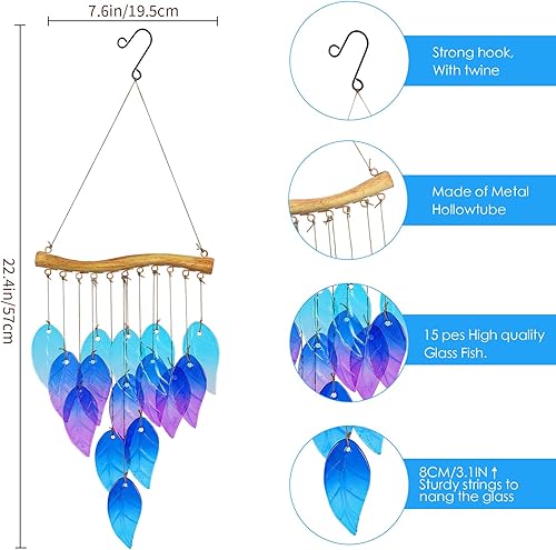 Miniatura 3 de Campanillas de viento de hojas de vidrio para decoración conmemorativa al aire libre, campanillas de viento únicas para jardín, patio, porche y