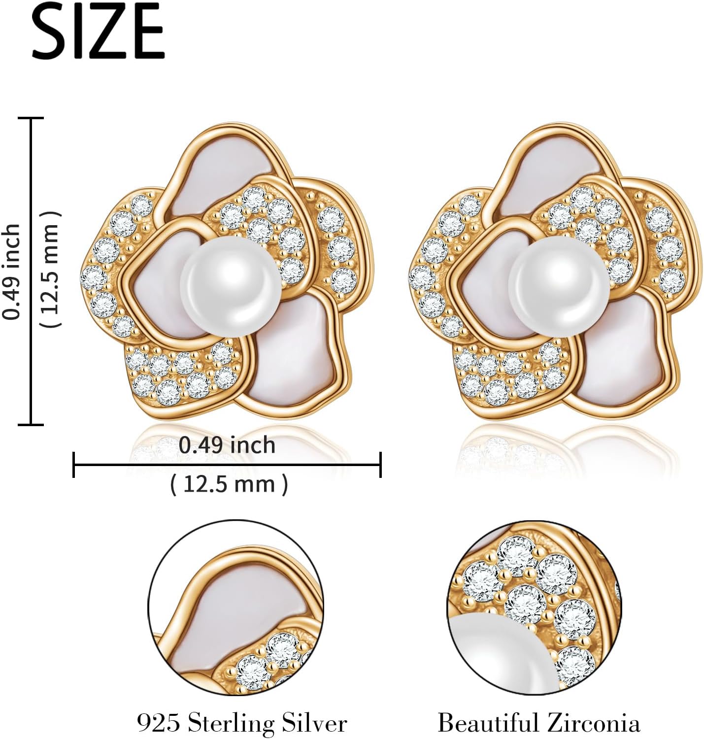 Camellia Studs Hypoallergenic 925 Sterling Silver Pearl Camellia Flower Stud for Women CZ Flower Wedding Earrings for Bridal