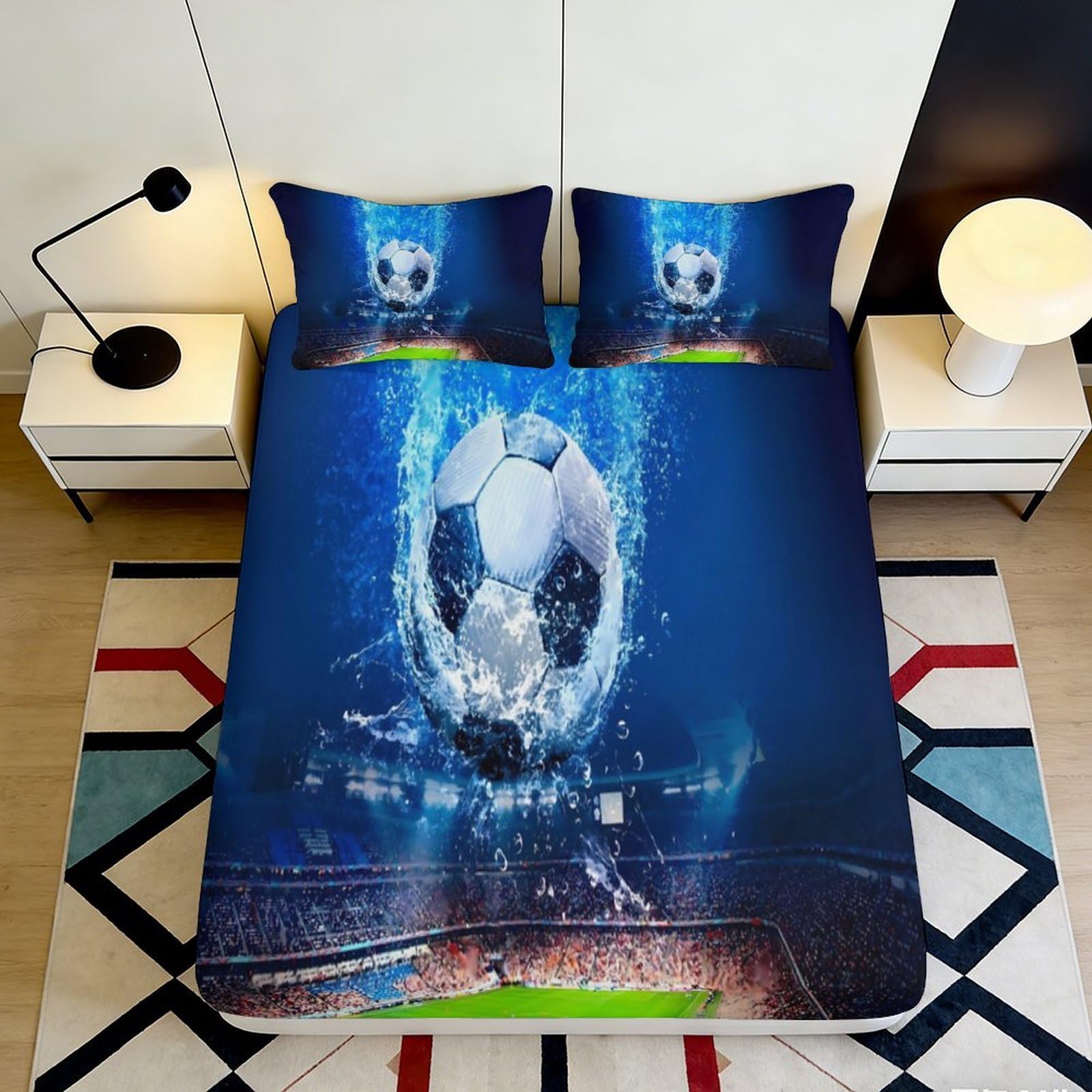 3D Printed Splash Soccer Stadium Fitted Sheet Microfiber Anti-Slip Blue Bed Cover for Bedroom Guest Mattress Protection 120x200x25cm