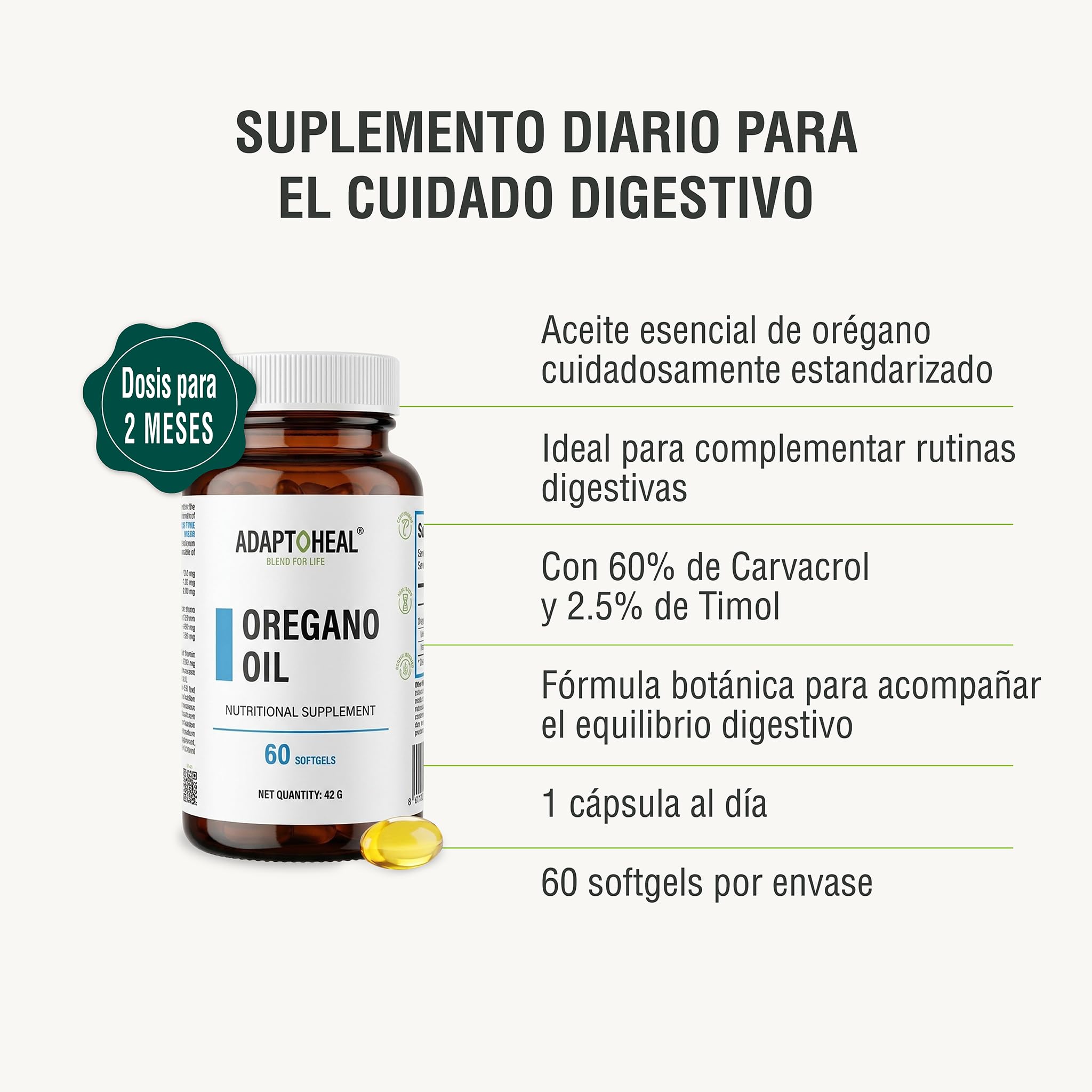 Adaptoheal Aceite de Orégano Silvestre - 60 Cápsulas Blandas con Aceite de Oliva Virgen Extra - Apoyo al Sistema Inmunitario y Bienestar Digestivo - Vegano y Sin Gluten - Dosis para 2 meses