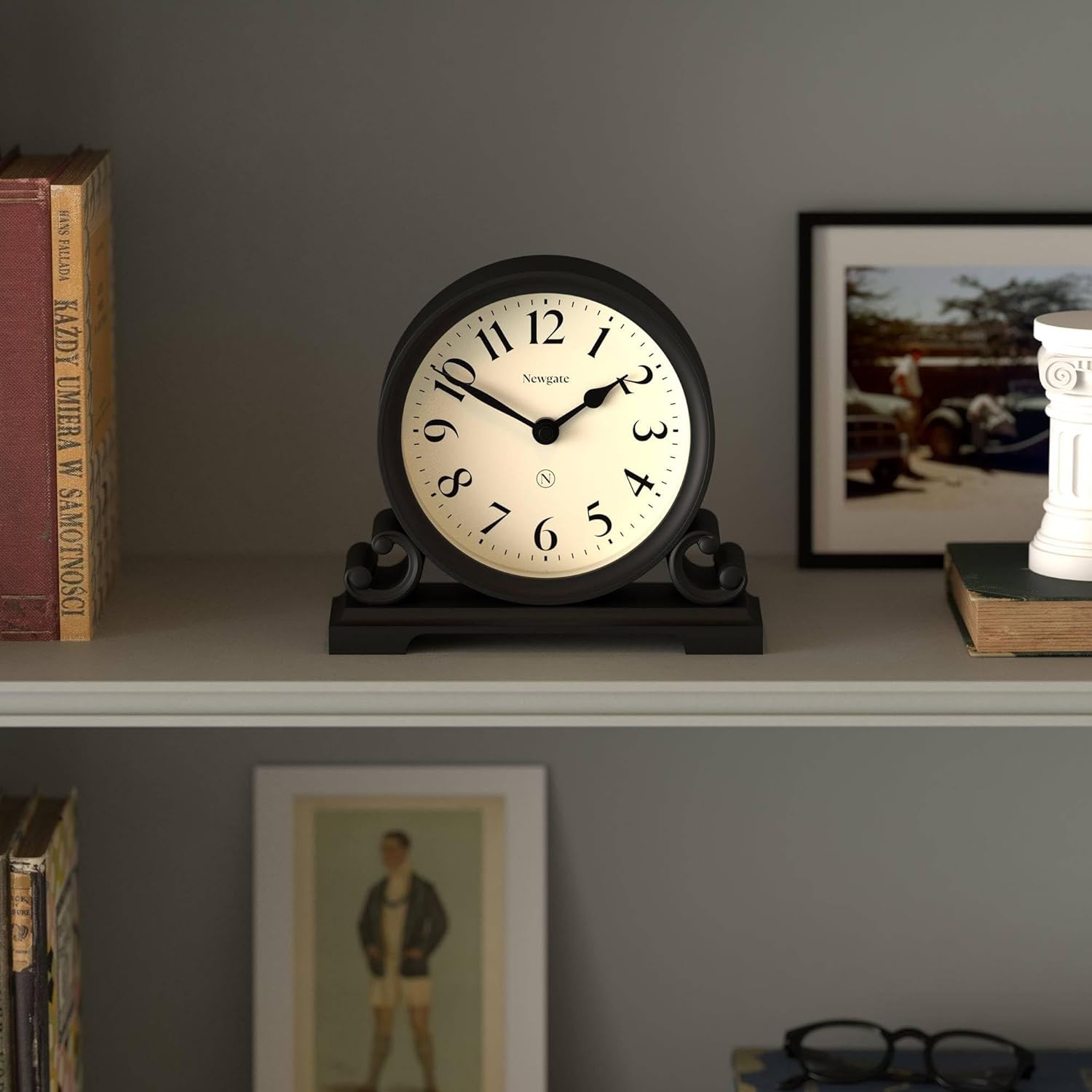 NEWGATE® Divisadero Mantel Clock | Traditional Double Scroll Design | Black | Classic Style for Desk, Table top, Shelf or Bedside