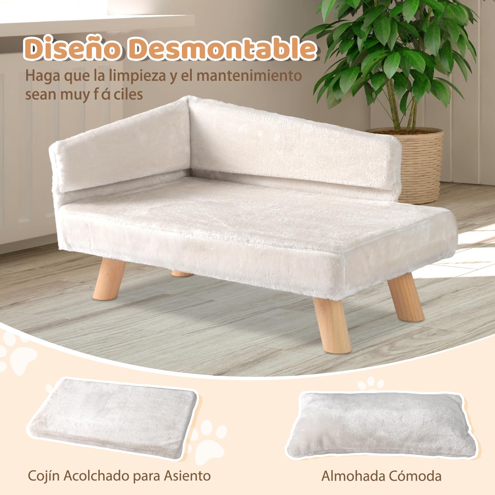 GOPLUS Cama Elevada para Perros y Gatos, Sofá para Perros con Cojín Suave Extraíble y Patas de Madera, Capacidad 30 kg, Cama para Mascotas de Tamaño Mediano y Pequeño, 71 x 43 x 40 cm (Blanco)