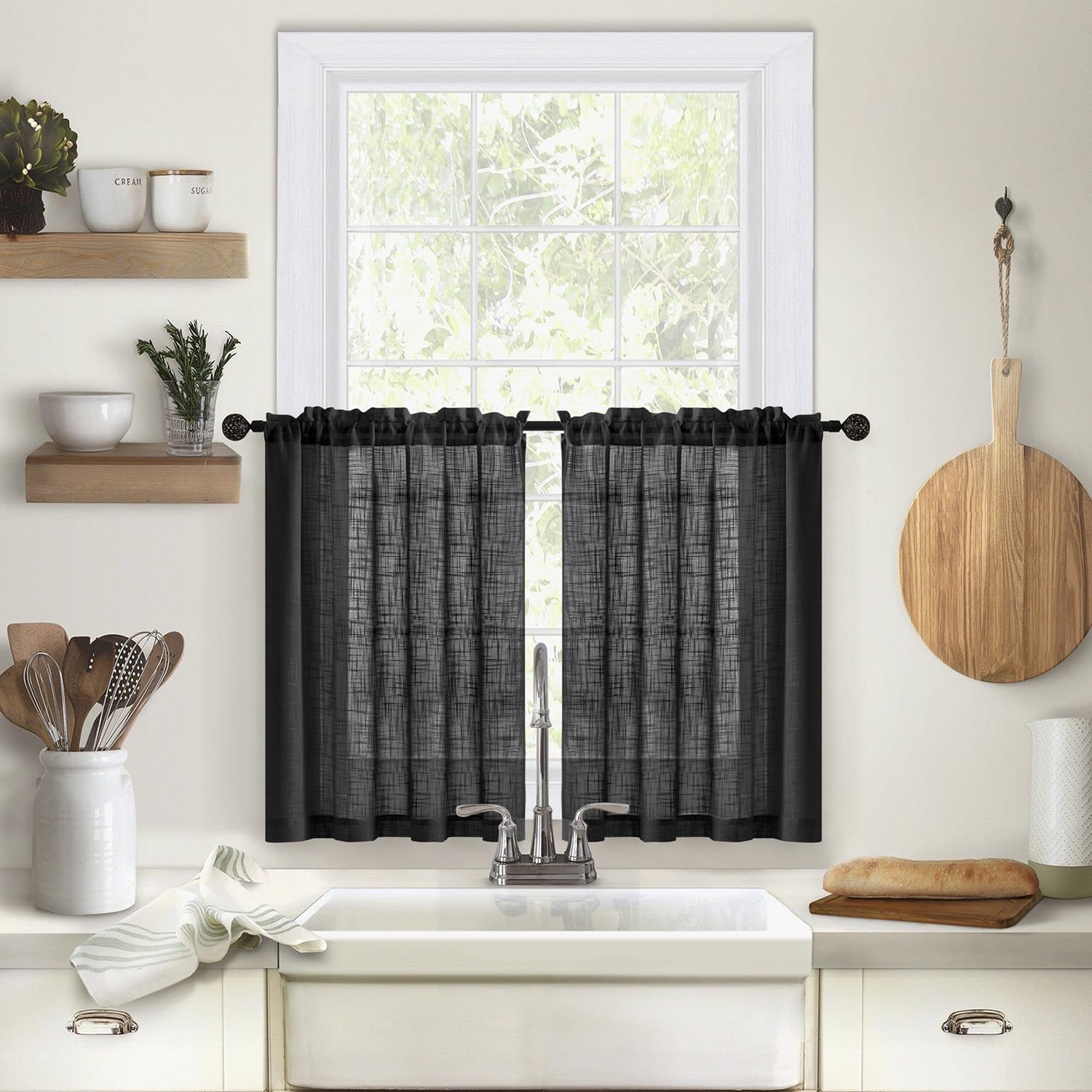 Voilages transparents de cuisine passe-tringle rideaux occultation légère noir lin