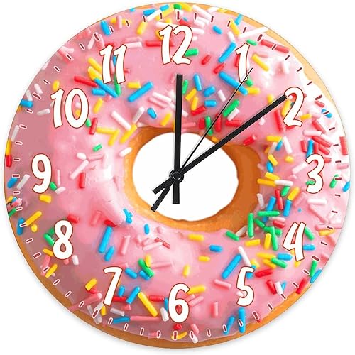 Reloj de pared con forma de rosquilla rosa, relojes colgantes de madera para cocina, reloj redondo de madera de cuarzo, reloj silencioso de 10