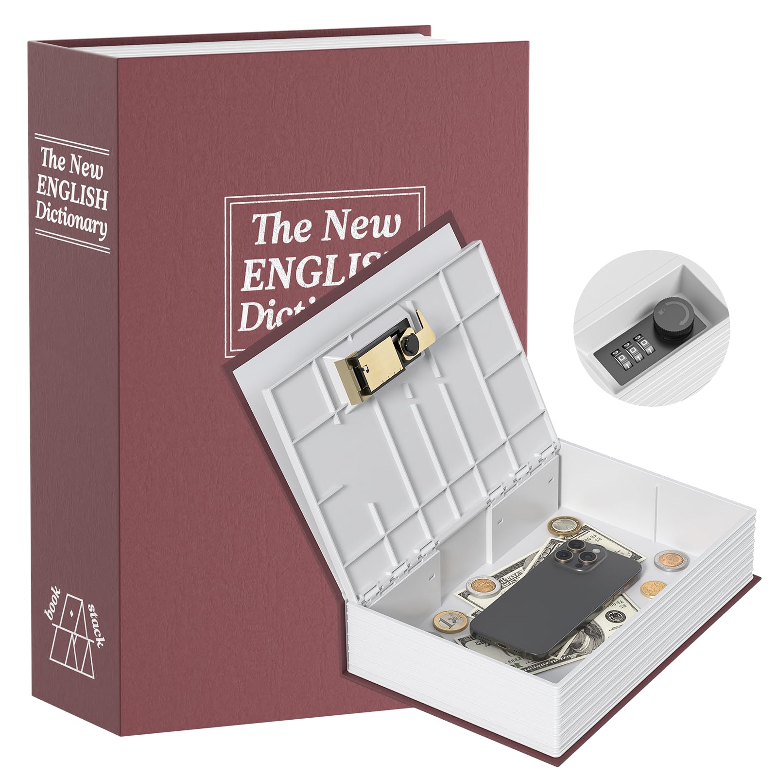 Money Saving Box for Adults, Book Piggy Bank with Security Combination Lock, Dictionary Secret Safe Can 9.45 * 6.1 * 2.24IN Combination Metal Safe Lock Box(Red)