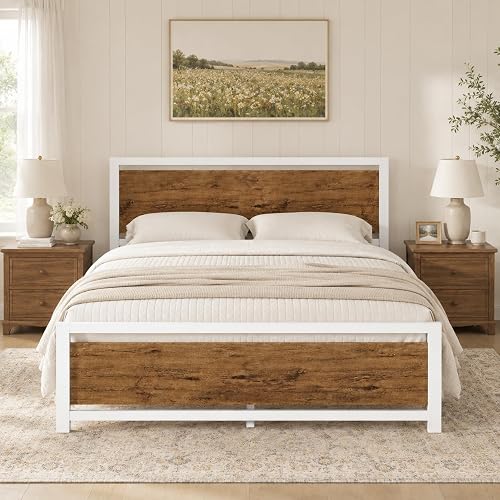 IMMERSTABLE Full Metal Bed Frame with Industrial Headboard, White Brown | Sturdy Metal Support, Quiet Padding, Underbed Storage, No Box Spring Needed, Labeled Parts for Easy Assembly