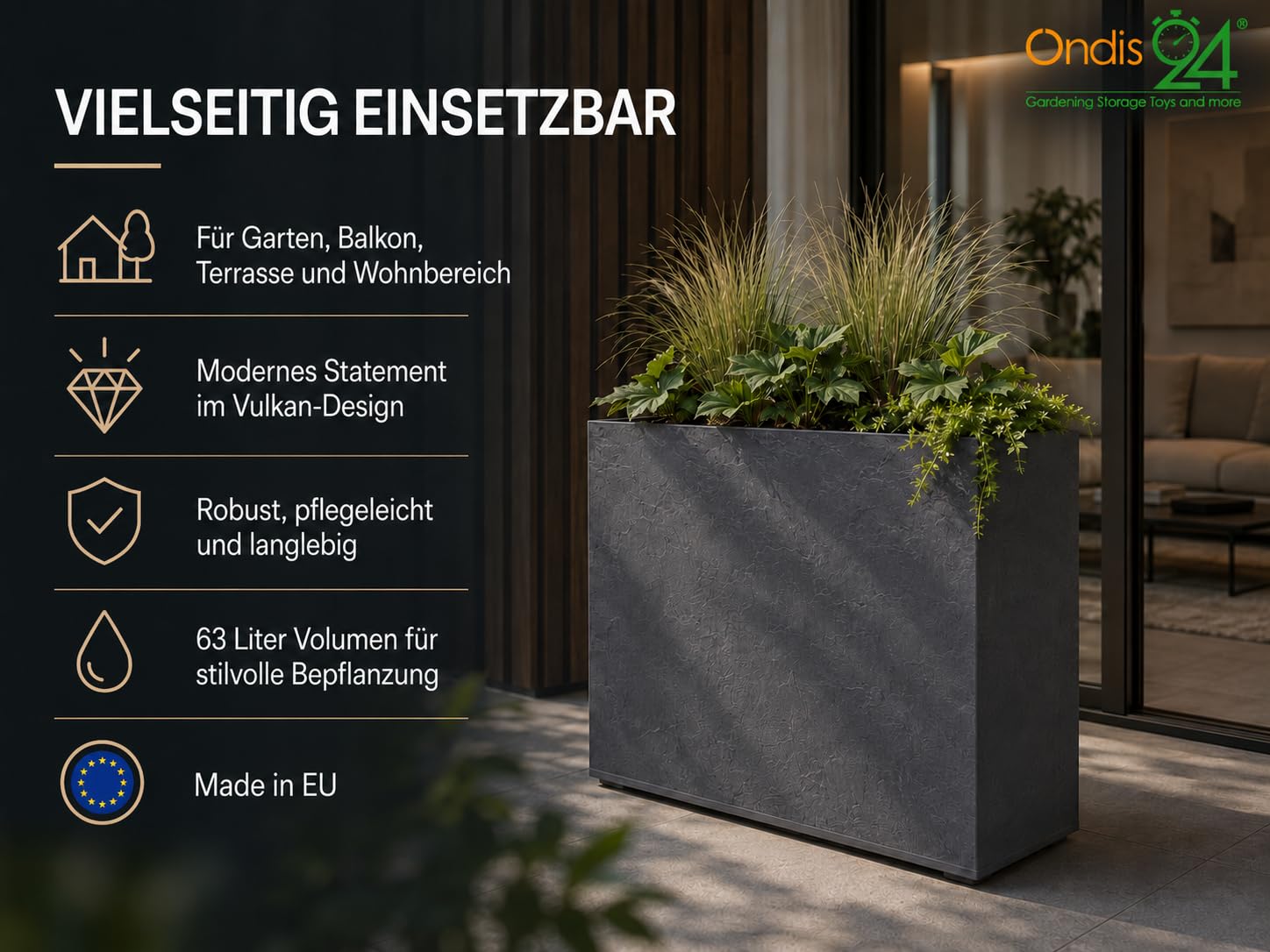 Ondis24 Pflanzkübel Vulkan LOFT, Blumenkübel rechteckig, Blumentopf Wasserspeicher, Schiefer Gestein Optik, Winterfest (63 Liter, Anthrazit)