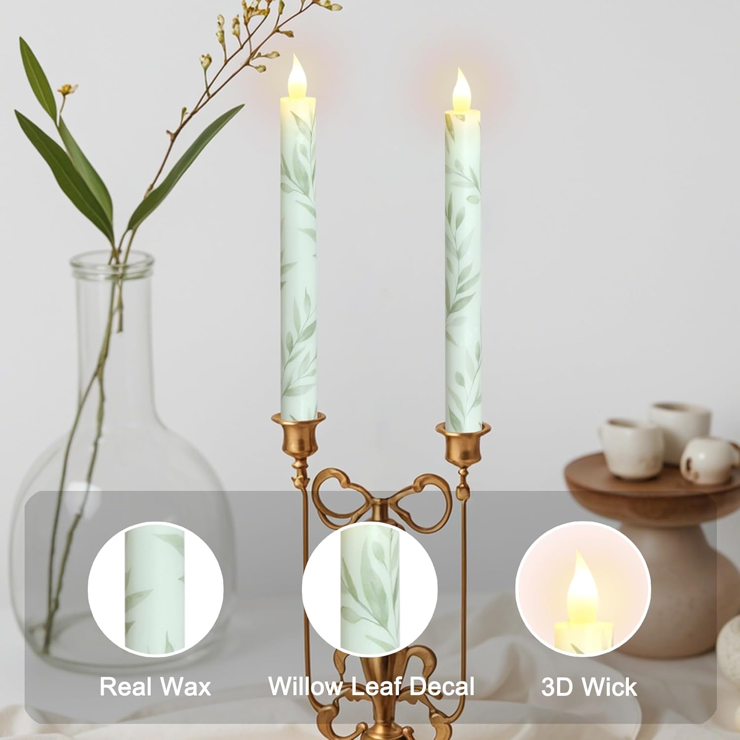 Crystal Club Flameless Taper Candles with Remote & Timer, Battery Operated Taper Candles with Willow Leaf, Real Wax LED Flickering Candlesticks for Home, Wedding, Party Decor