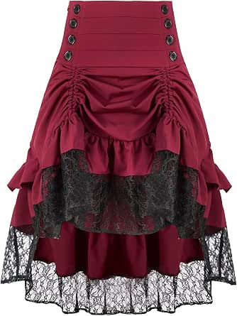 Charmian Women’s Steampunk Victorian Gothic Skirt – High-Low Ruffled With Lace Trim, Elastic Waist