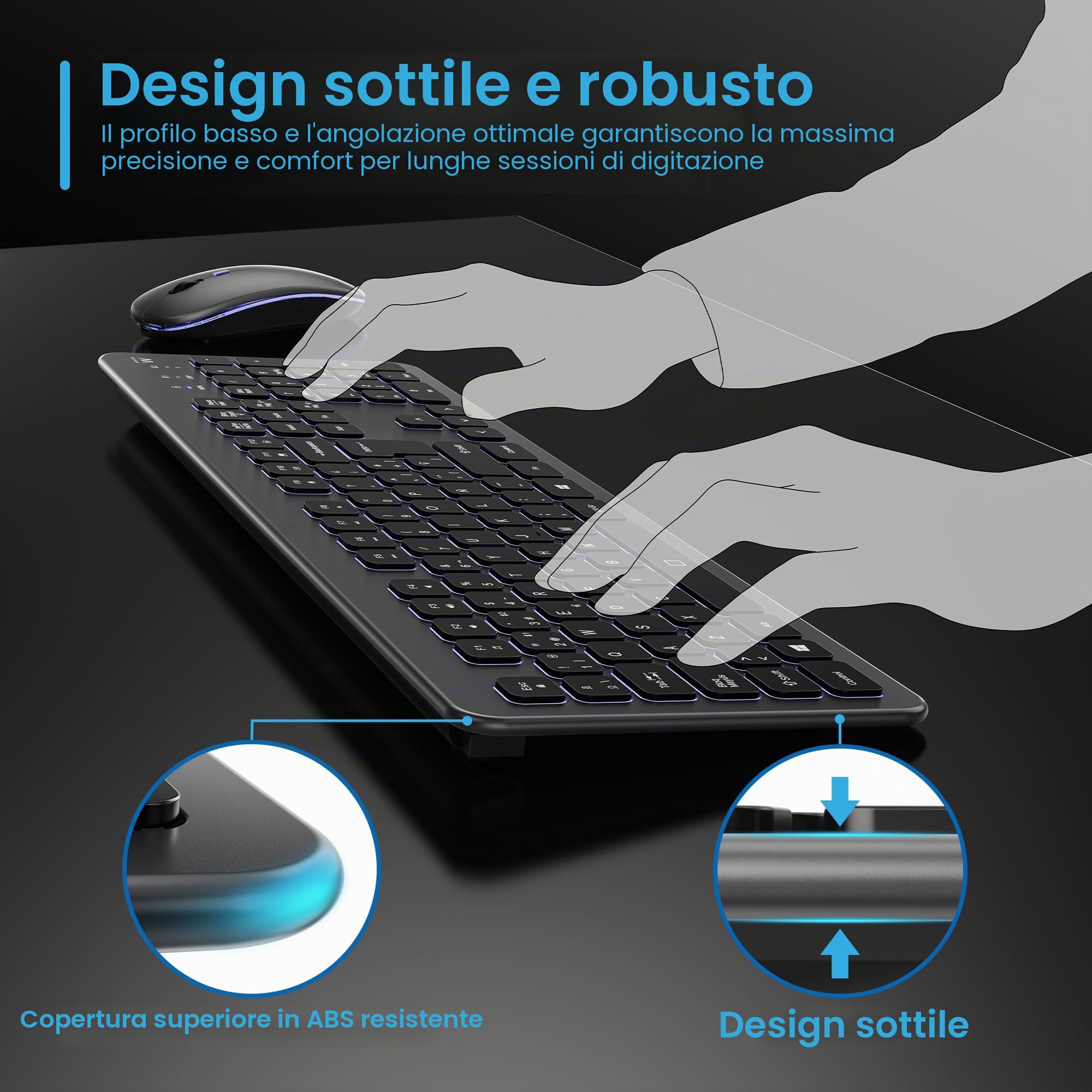Ewent Tastiera Wireless Retroilluminata Full Size con Layout Spagnolo, Bluetooth e Wireless 2.4GHz, Tasti Silenziosi, Batteria Ricaricabile, Tastiera Senza Fili per Windows, macOS, Android e Tablet