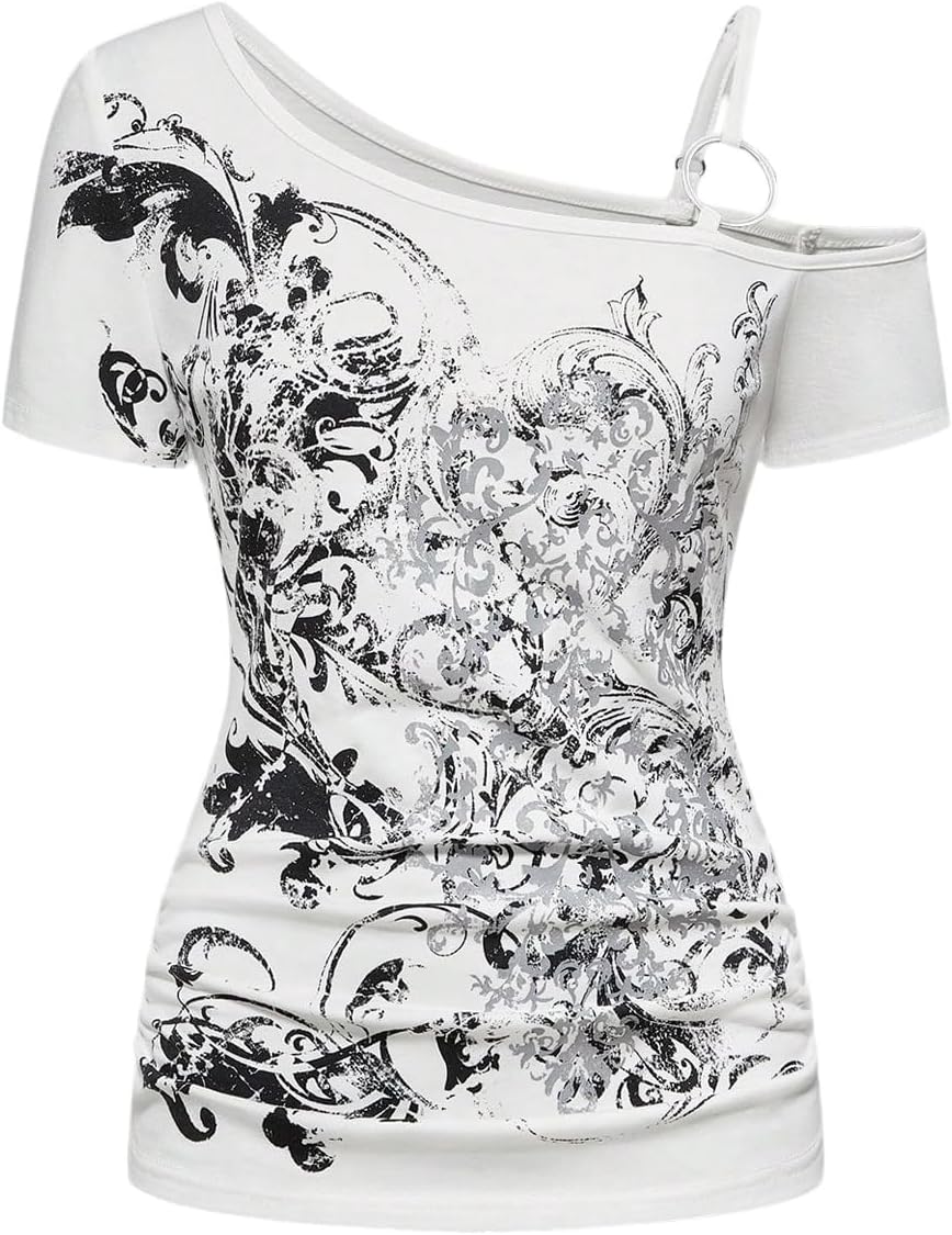 SOLY HUX Women's Y2K Gothic Tops Off The Shoulder Graphic Tees Short Sleeve Vintage T Shirt Emo Grunge Alt Clothes