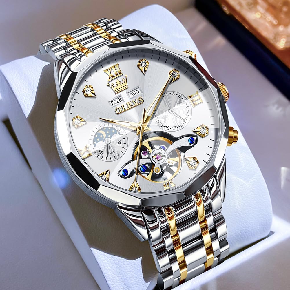 OLEVS Skeleton Men Watches Automatic Business Luxury Diamond Self Winding Watch for Men Stainless Steel Calendar Wrist Watch - Image 9