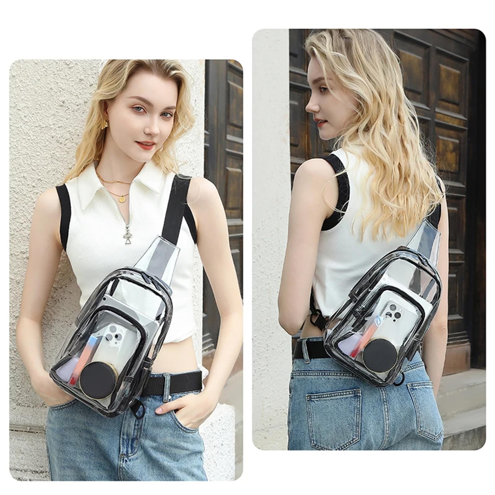 Morain Bolsas cruzadas, bolsa transparente aprobada por el estadio, mochila cruzada, mochila simple para el pecho, bolsa bandolera para eventos de estadio, conciertos, Black