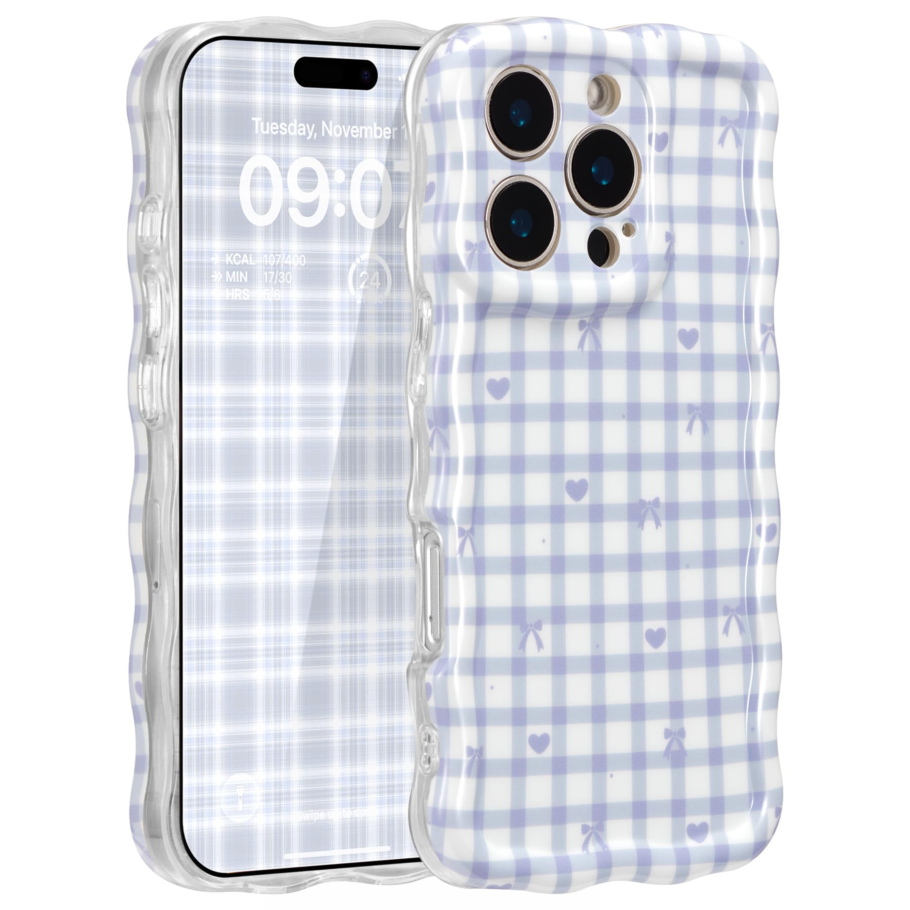 ZCDAYE for iPhone 15 Pro Max Case, Cute Wavy Aethetic Phone Cover for Women Girls, Soft TPU Shockproof Full Camera Protective Cases for iPhone 15 Pro Max (6.7 inches),Blue Checks